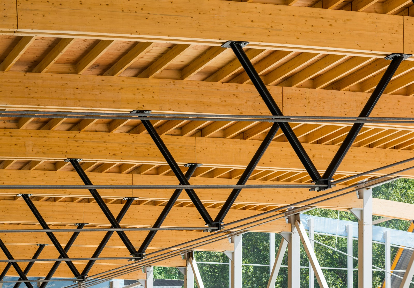 Timber roof structure at North Surrey Sport and Ice Complex
